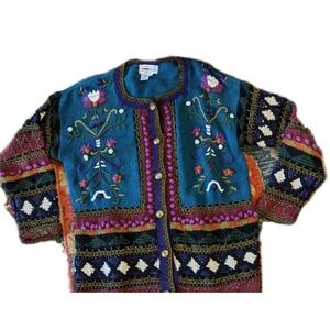 Hand Knit Jen Reed Chunky VTG Ramie-Cottn Sweater Cardigan W/3D Flowers & Trim M